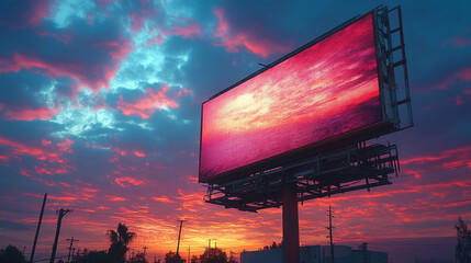 Wall Mural - A large billboard displays a colorful sunset against a vibrant sky.