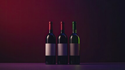 Trio of wine bottles--white, green, and red--set against a dark purple studio backdrop, emphasizing their rich colors and refined packaging.