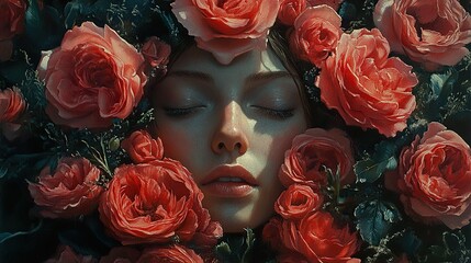 Poster - Woman Surrounded by Roses: A Dreamy Floral Portrait