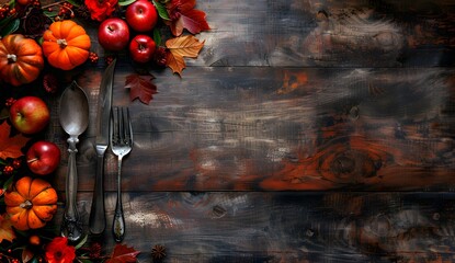 Wall Mural - autumnal table setting with pumpkins and leaves
