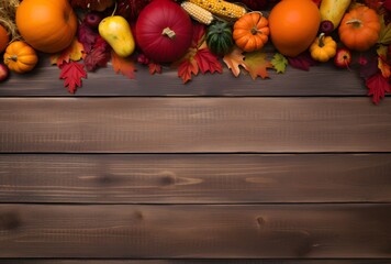 Wall Mural - autumnal wooden background with pumpkins and leaves