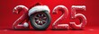 © Natalia - Happy New Year 2025. Bright red rectangular banner with numbers 2025. Merry Christmas. Car wheel in Santa's hat