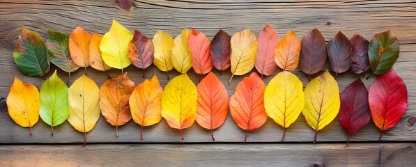 Wall Mural - autumn leaf colors rainbow on wooden table