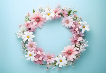 Wall Mural - pastel floral wreath with baby's breath on blue