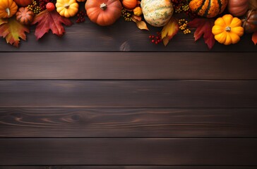 Wall Mural - autumn leaves & pumpkins on wooden background