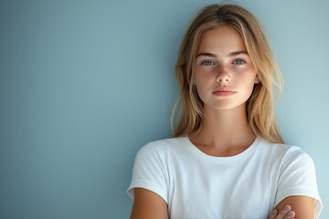 Beautiful Blonde Woman in White TShirt Against Blue Background, Candid Portrait Photography