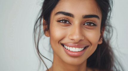 Close up photo portrait of a beautiful young asian indian model woman with clean teeth. Used for a dental ad. Isolated on light background