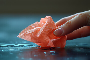 Wall Mural - A close-up of a hand holding a tissue, highlighting symptoms of the flu. Concept of illness.