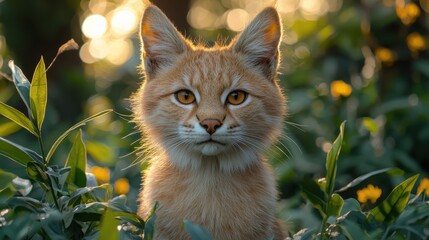 Wall Mural - a wild lynx gazes intently through lush greenery in a sunlit forest during the late afternoon hours