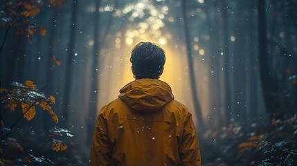 Poster - Man Standing in a Forest with Snow Falling