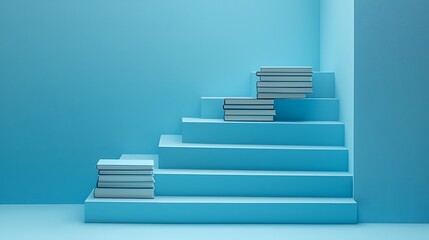 Minimalist blue stairs are stacked with books, creating a visual metaphor for education and growth.