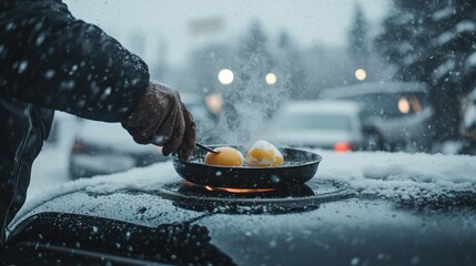 A person is cooking an egg on the hood of a car, while snow gently falls around them in a bustling city, showcasing an unusual culinary method in cold weather