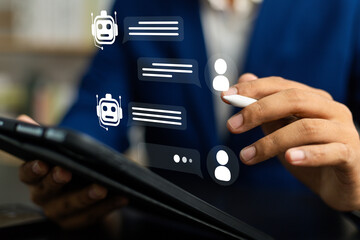 Aufkleber - AI Artificial Intelligence,Digital chatbot, Man chatting with digital assistant chatbot on mobilephone on internet application,Future of customer service man utilizes AI chatbot for instant assistance