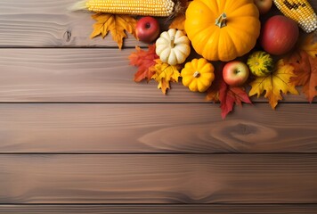 Wall Mural - autumn table setting with pumpkins, apples, and corn