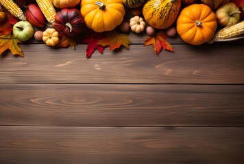 Wall Mural - autumn table setting with pumpkins, apples and corn