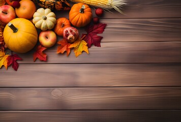 Wall Mural - autumn table setting with pumpkins, apples, and corn