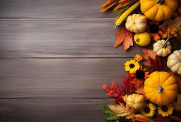 Wall Mural - autumn table setting with pumpkins, apples and corn