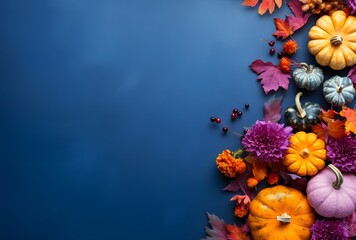 Wall Mural - autumn pumpkins, leaves & flowers on blue