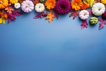 Wall Mural - autumn pumpkin flowers blue background