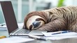 © tanapat - Sloth resting on a desk beside a laptop and papers in a calm office setting.