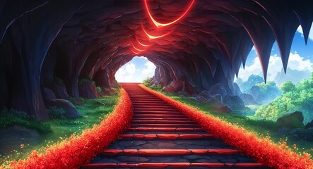 Wall Mural - red radiant cave pathway art in whimsical anime style background