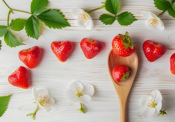 Wall Mural - Heart Shaped Strawberries & Flowers on Wooden Spoon