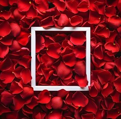 Wall Mural - Red Rose Petals Background with White Frame