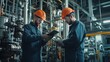 © fotofabrika - Two technicians in safety helmets inspect equipment and review data on a tablet inside an industrial facility during the day