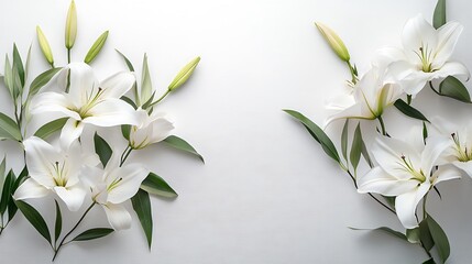 Canvas Print - White lilies with green leaves arranged symmetrically on a white background.