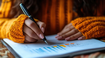 A woman's hand writes on paper with a pen while wearing an orange sweater indoors