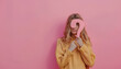 © Oleksiy - Woman holding question mark on pink background. Space for text