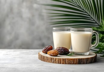 Wall Mural - Milk and Dates on Wooden Board - Minimalist Ramadan Concept