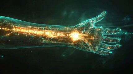 Aufkleber - A glowing, transparent hand with veins of light extends from the left side of the frame. The hand is outlined in teal and illuminated from within with a warm, yellow glow