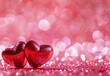 © Eva - Two Red Glitter Hearts on Pink Background for Valentines Day