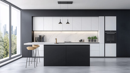 A minimalist kitchen with white cabinets and an all-black island in the center. The design focuses on simplicity with no clutter, clean surfaces, and monochrome details