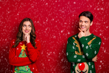 Poster - Photo of dreamy pretty best friends dressed x-mas jumpers arms chin looking empty space isolated red color background