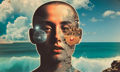 Wall Mural - Collage of Woman's Face with Sea and Sky