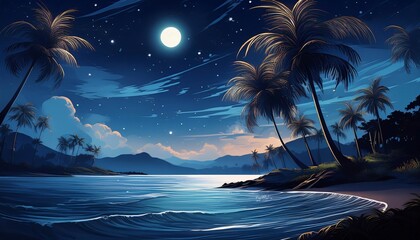 Ocean waves crashing on a tropical beach at night with palm trees and a full moon in a starry sky