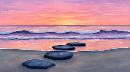 Wall Mural - A serene beach scene at sunset with gentle waves and stepping stones leading towards the ocean.