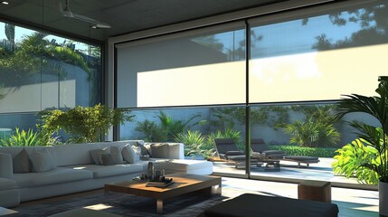 Modern bright interior of a living room in a modern house with large floor-to-ceiling windows. Generation AI