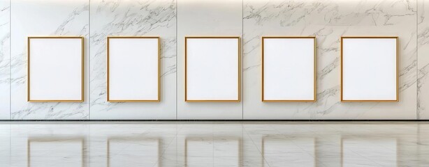 Modern gallery with empty frames on a marble wall, perfect for art displays.