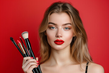 A stylish woman holding a makeup brush and lipstick on a red background.