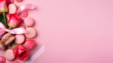 Wall Mural - Romantic Valentine's Day Pink Background with Macarons and Roses