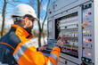 © Zulkifle - The electrician is using the laptop to collect data for an electrical panel, working on a laptop at an outdoor electric panel cabinet with high voltage wires and lighting equipment.