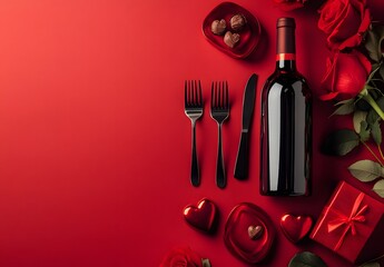 Wall Mural - Romantic Valentine's Day Table Setting with Red Roses and Wine