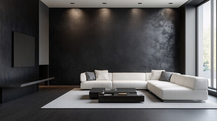 A minimalist living room with a dark textured accent wall and modern white furniture. The clean lines of the furniture contrast with the rich texture of the wall, creating visual interest

