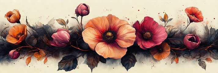 Wall Mural - Watercolor painting of a floral arrangement featuring pink, orange, and red flowers.