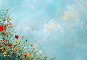 Wall Mural - Vintage Floral Painting with Blue Sky and Poppies