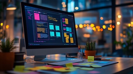 A computer monitor with code on the screen and sticky notes on the desk.