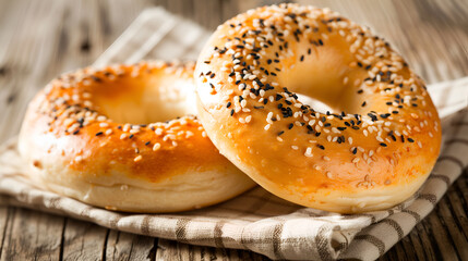 Fresh baked sesame bagels on rustic cloth